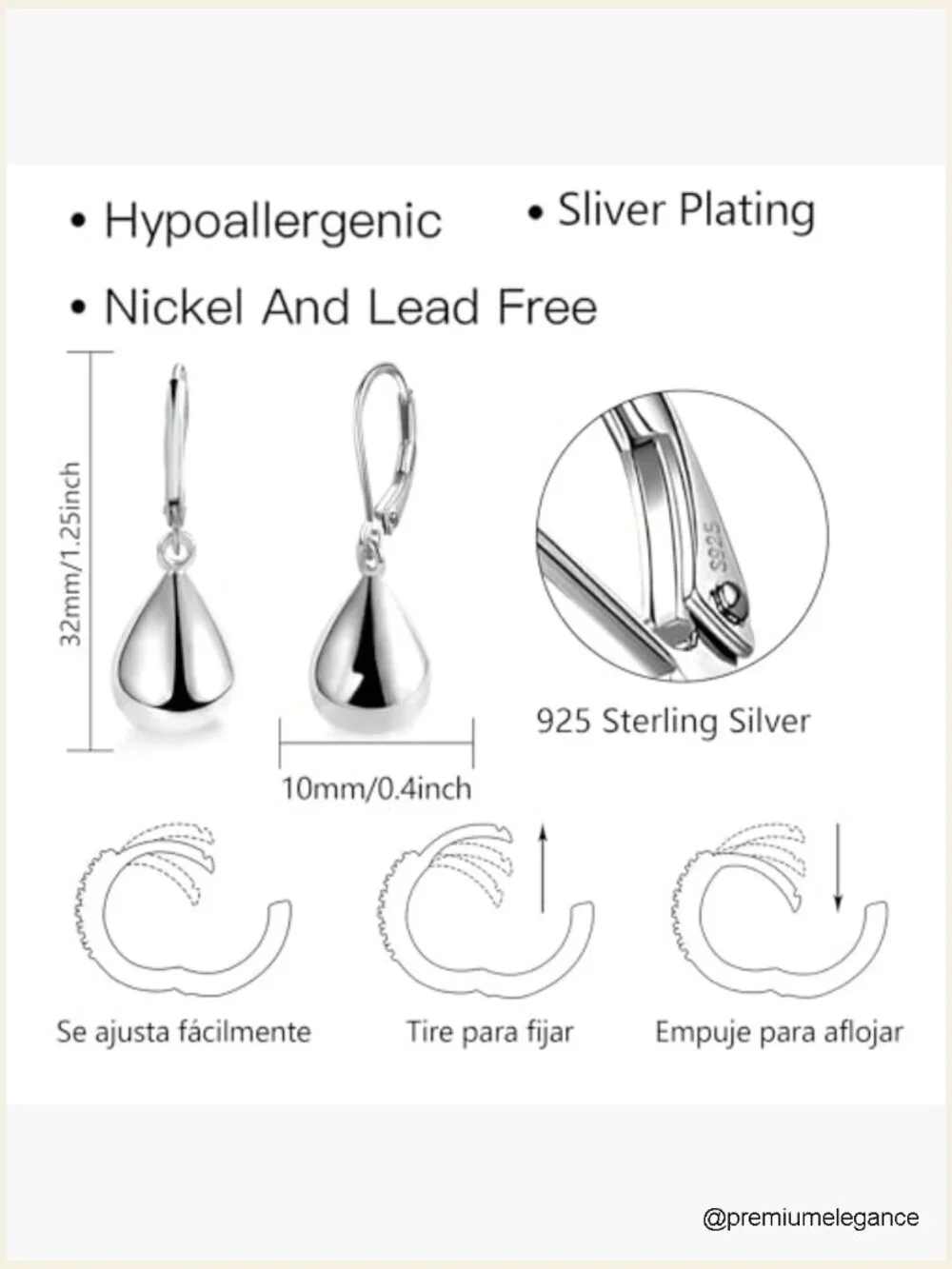 Sterling Silver Teardrop Leverback Dangle Earrings 10mm Lightweight